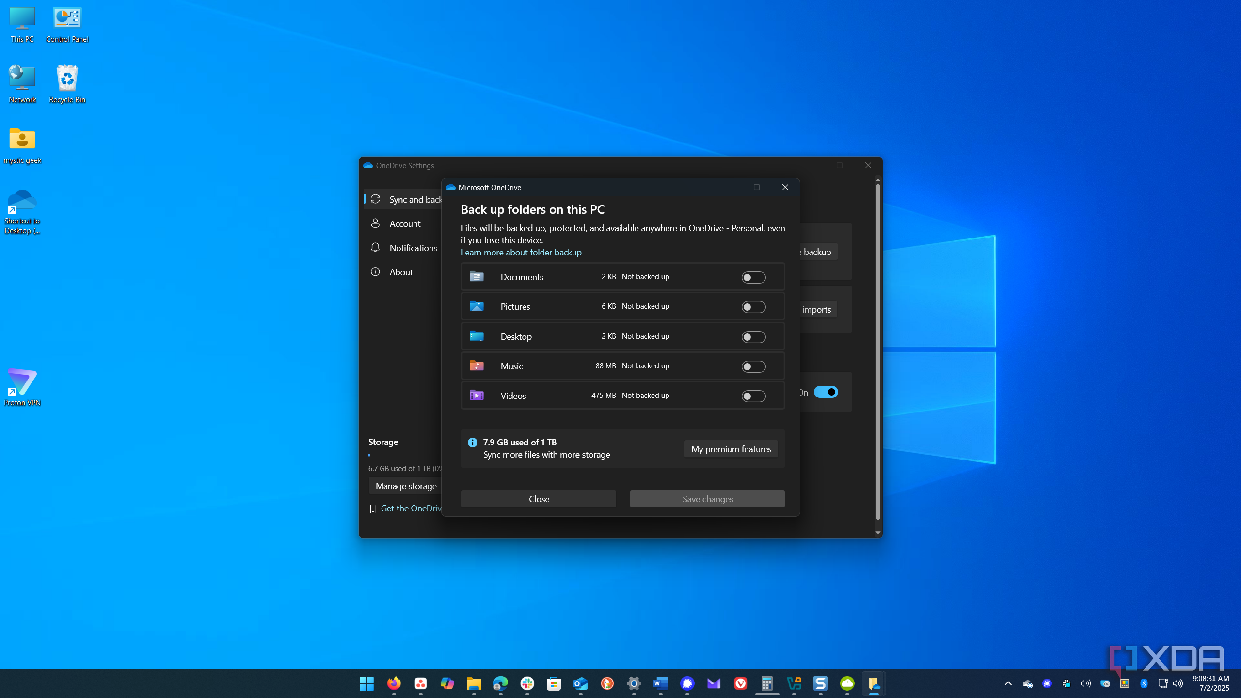 3 shows turning off all backup folders to OneDrive-1