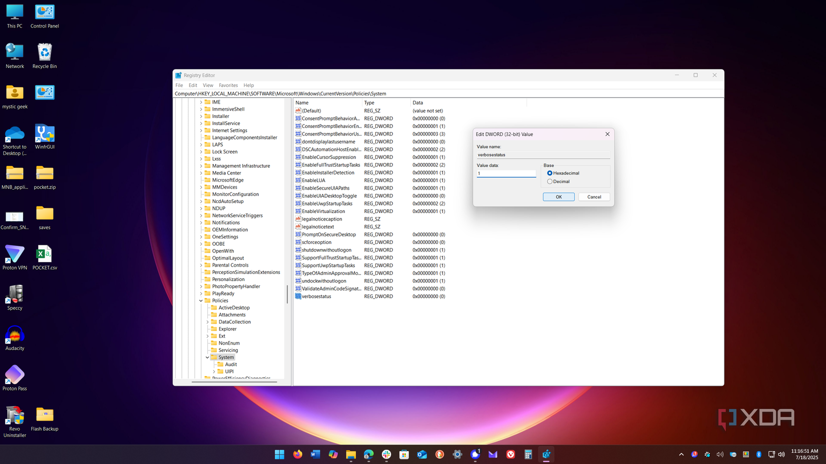 shows enable verbose mode in windows via registry