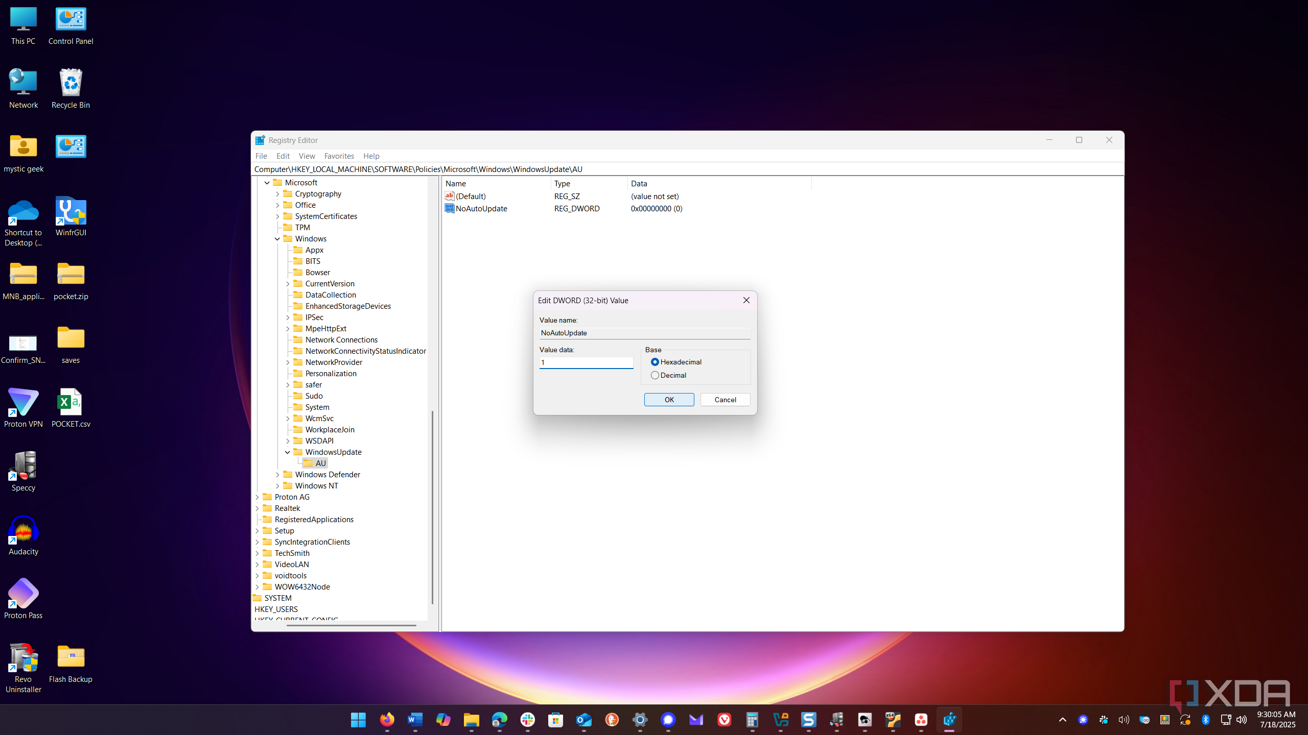 Shows giving NoAutoUpdate a value of 1 in the Registry