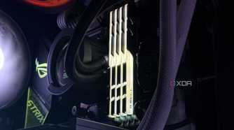 An image of an RGB DDR4 RAM kit installed on a motherboard illuminated in a yellow glow.