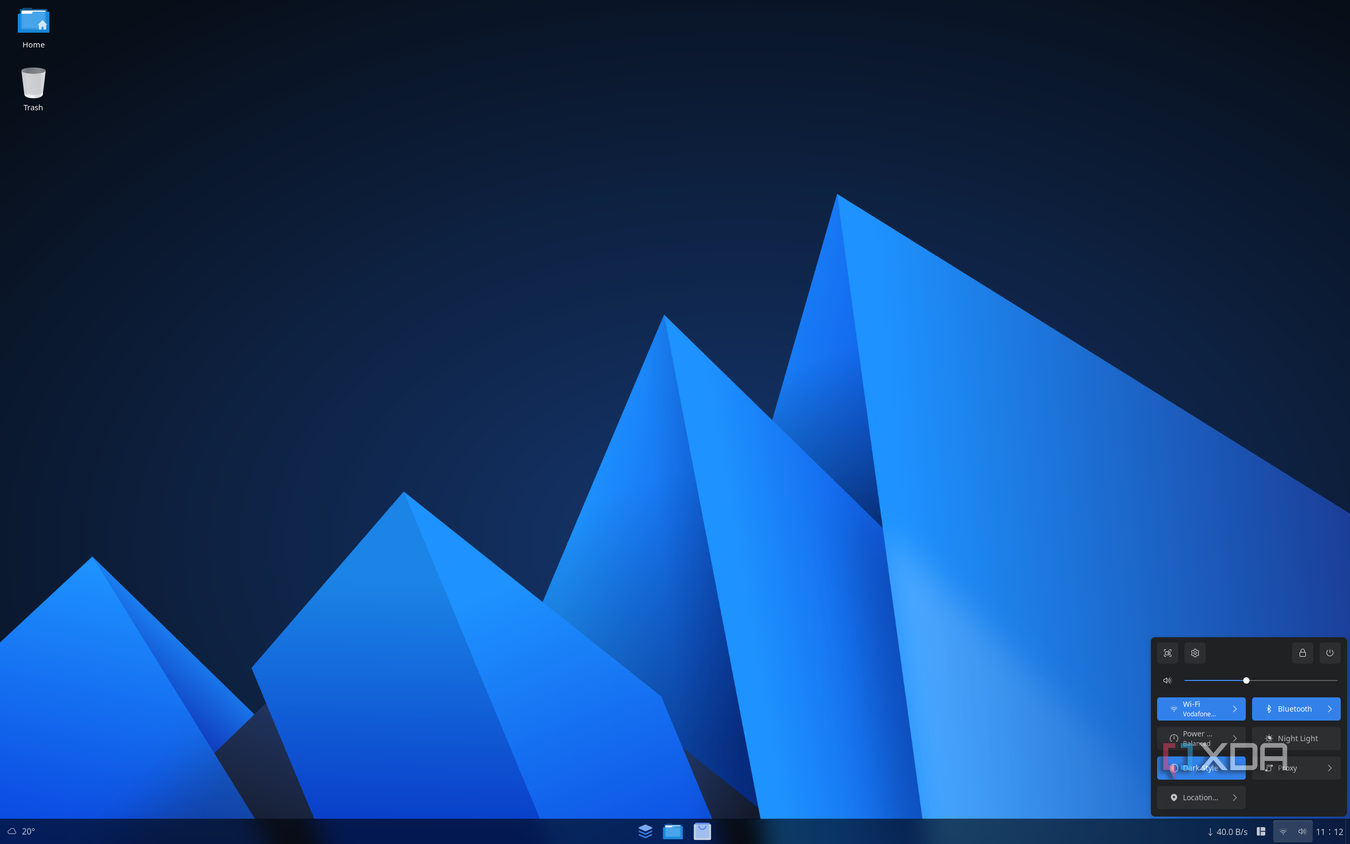 Screenshot of AnduinOS showing a panel with buttons for Wi-Fi, Bluetooth, and more