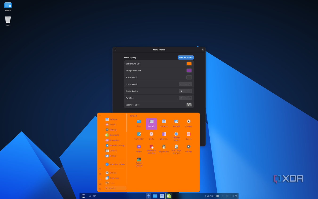 Screenshot of ArcMenu settings with the ArcMenu itself open over it, showing the Windows layout with wider panels and modified colors