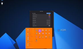 Screenshot of ArcMenu settings with the ArcMenu itself open over it, showing the Windows layout with wider panels and modified colors