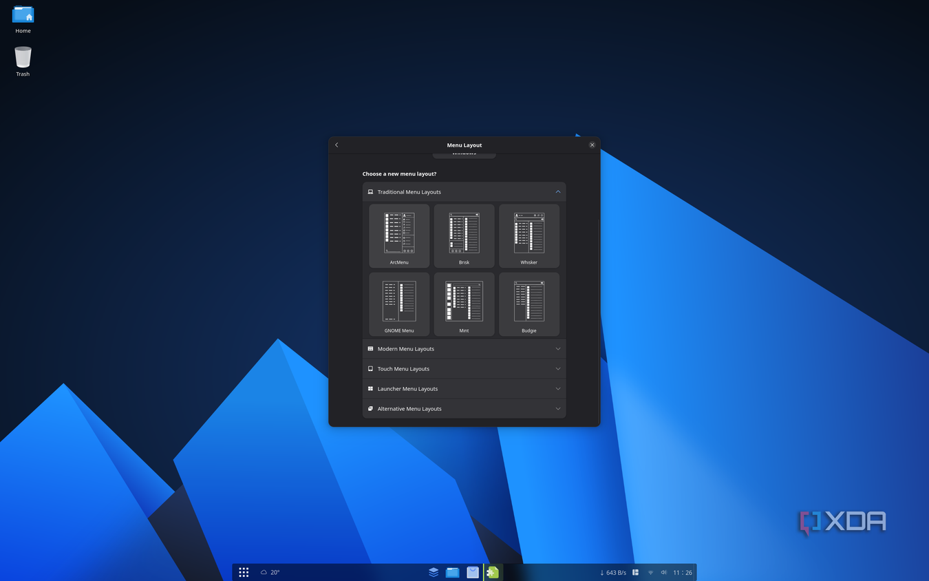 Screenshot of ArcMenu settings showing layout options for the Start menu