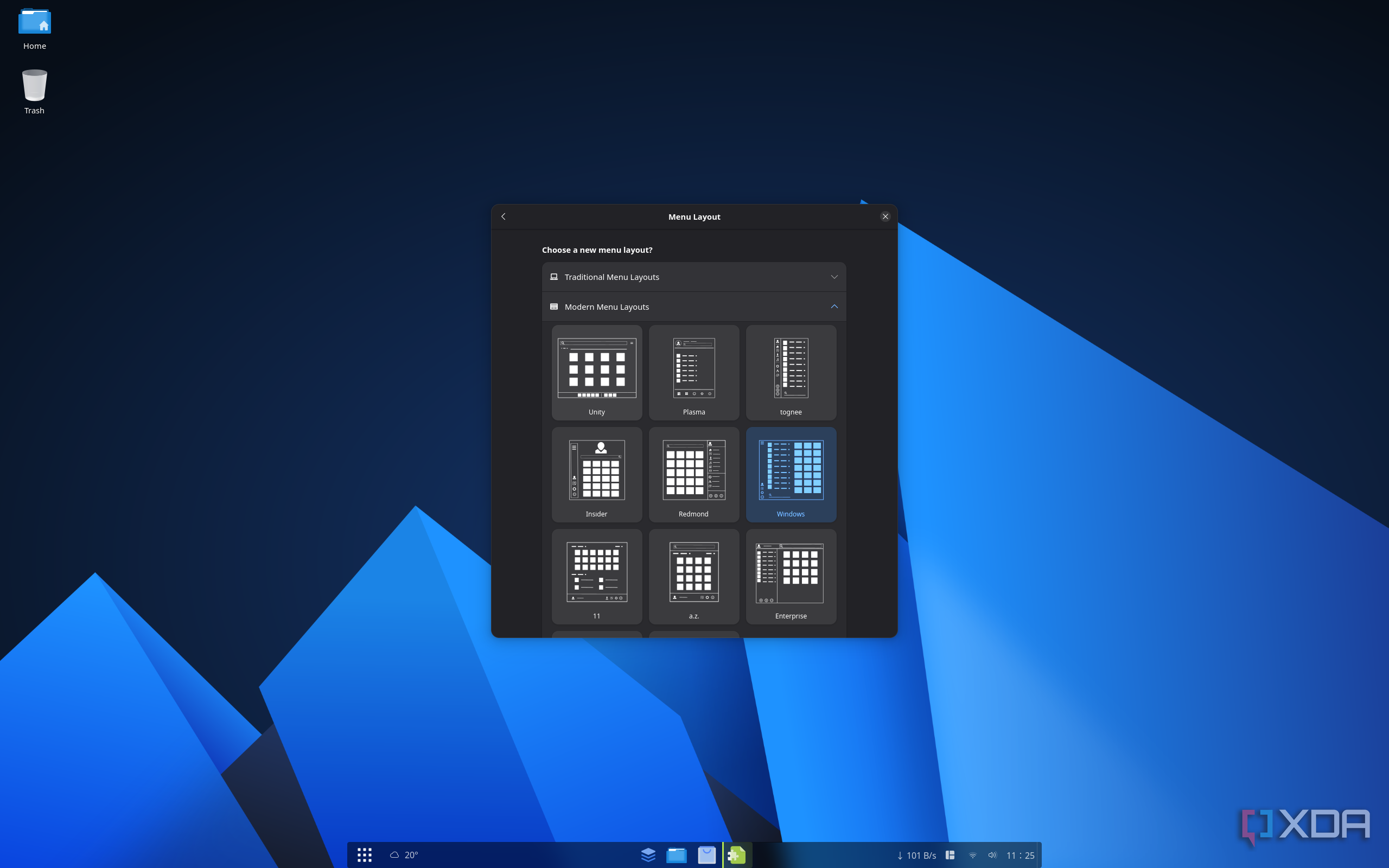 Screenshot of ArcMenu settings showing layout options for the Start menu