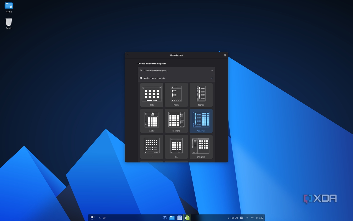 Screenshot of ArcMenu settings showing layout options for the Start menu