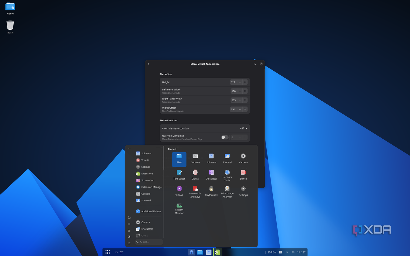 Screenshot of ArcMenu settings with the ArcMenu itself open over it, showing the Windows layout with wider panels