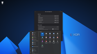 Screenshot of ArcMenu settings with the ArcMenu itself open over it, showing the Windows layout with wider panels