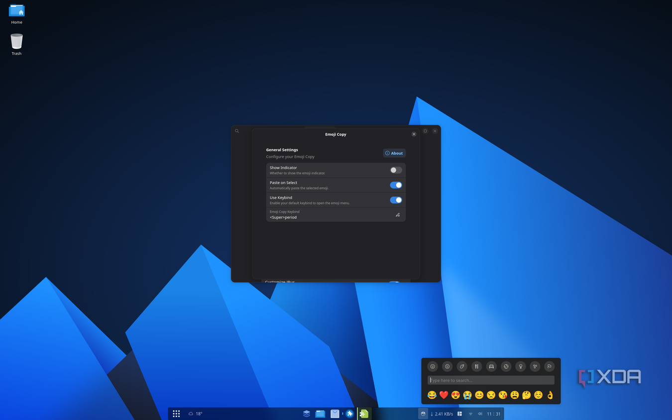 Screenshot of Emoji Copy extension and its settings on AnduinOS