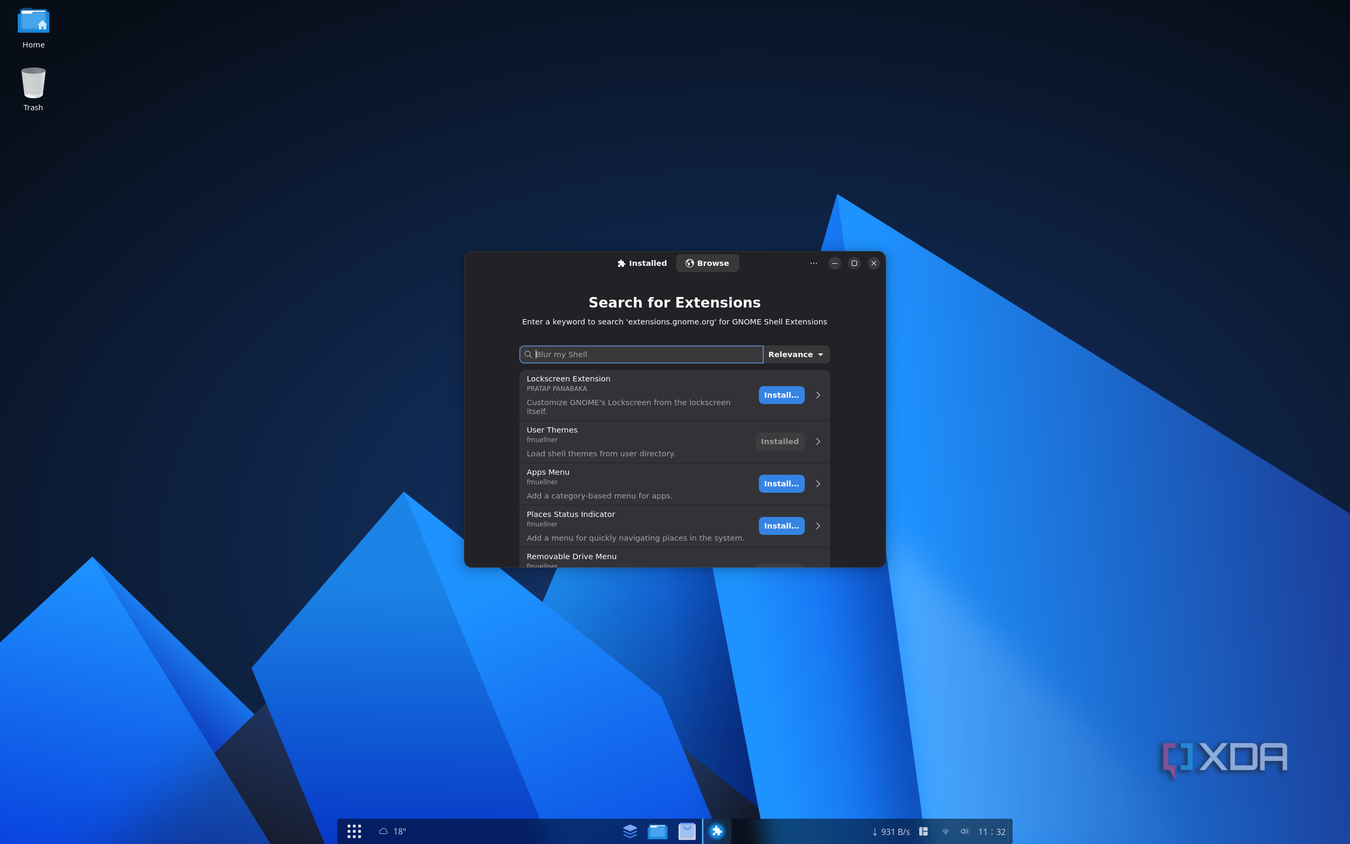 Screenshot of the Extension manager app on AnduinOS showing the extension search window