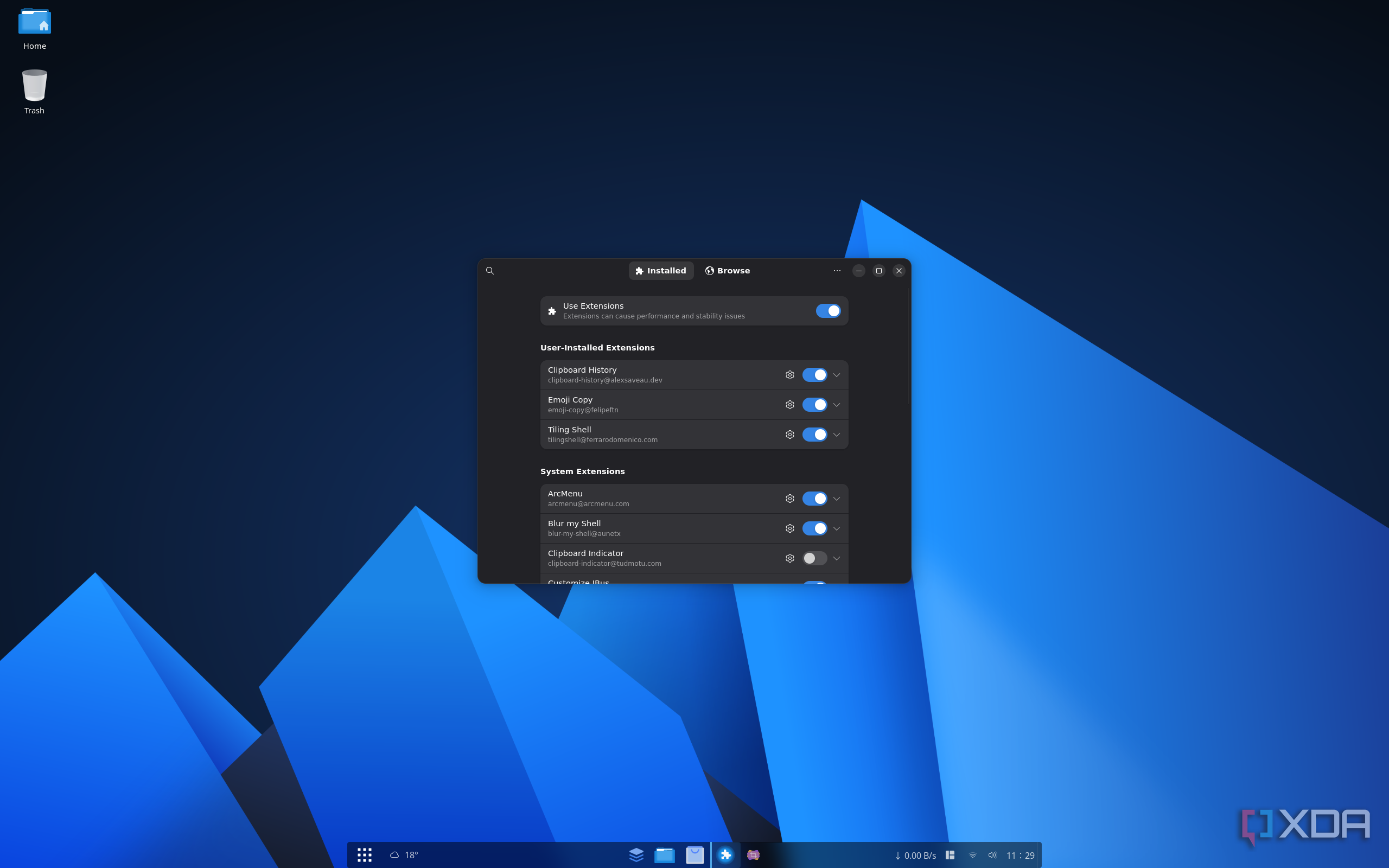 Screenshot of the Extension manager app on AnduinOS showing installed extensions