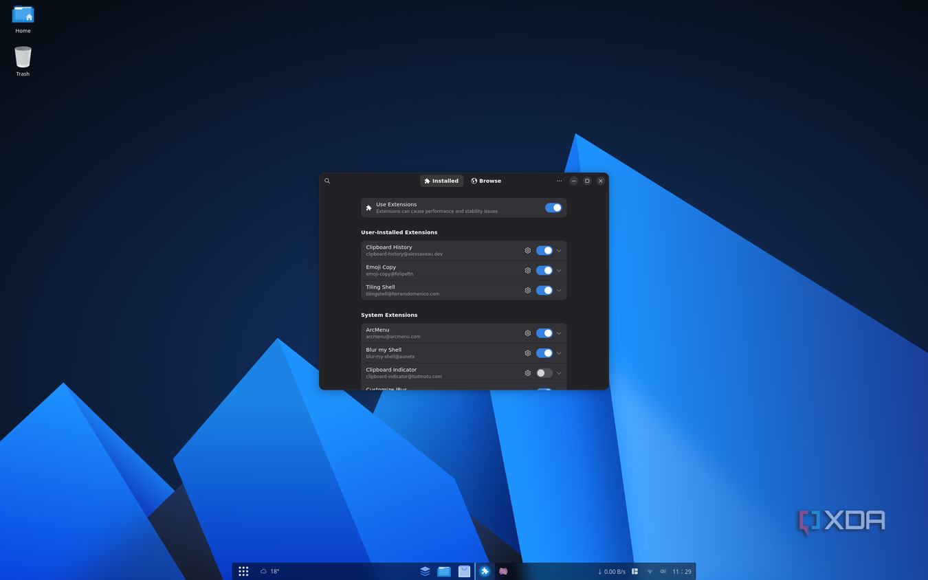 Screenshot of the Extension manager app on AnduinOS showing installed extensions
