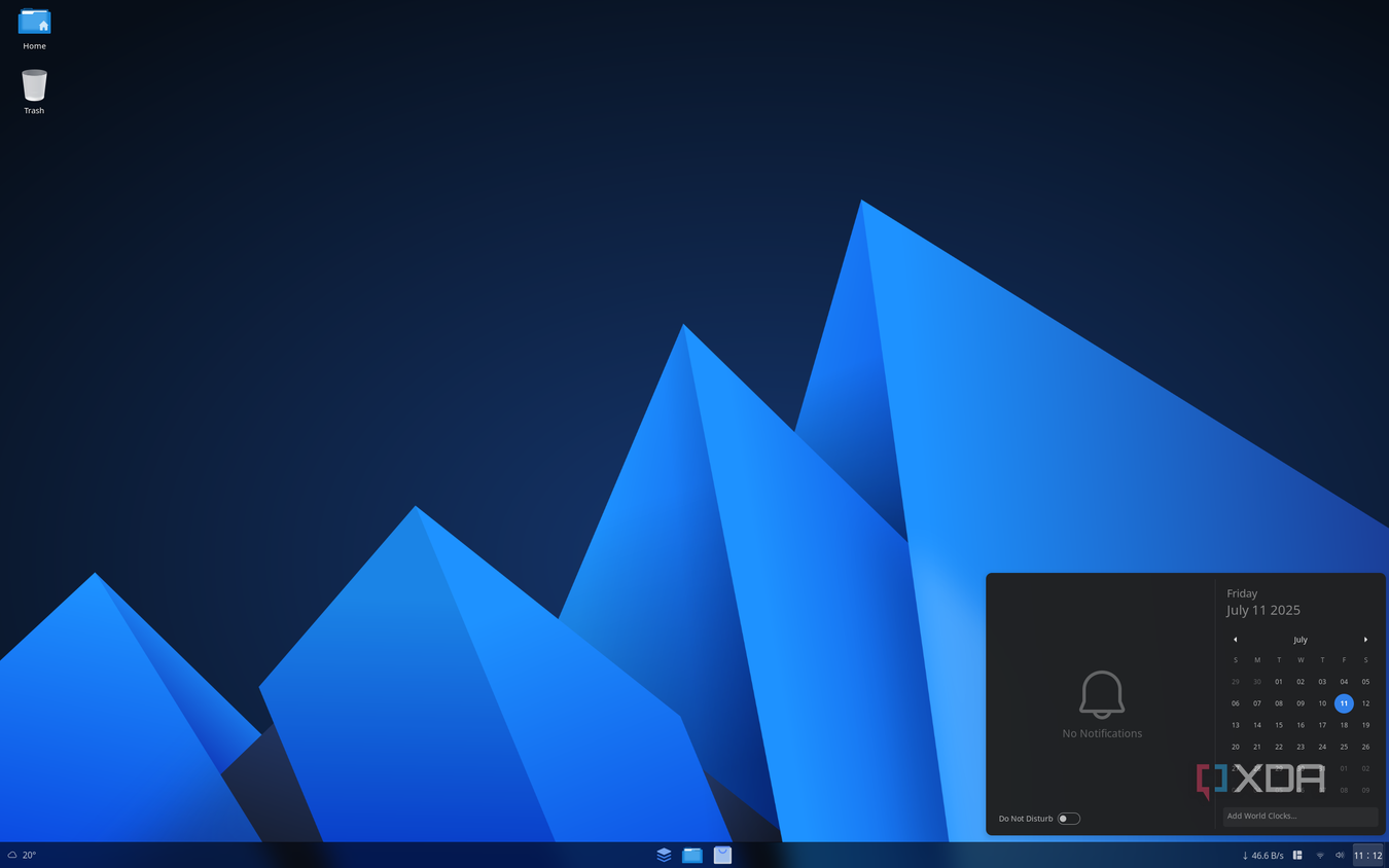 Screenshot of AnduinOS showing notifications and a calendar in a flyout