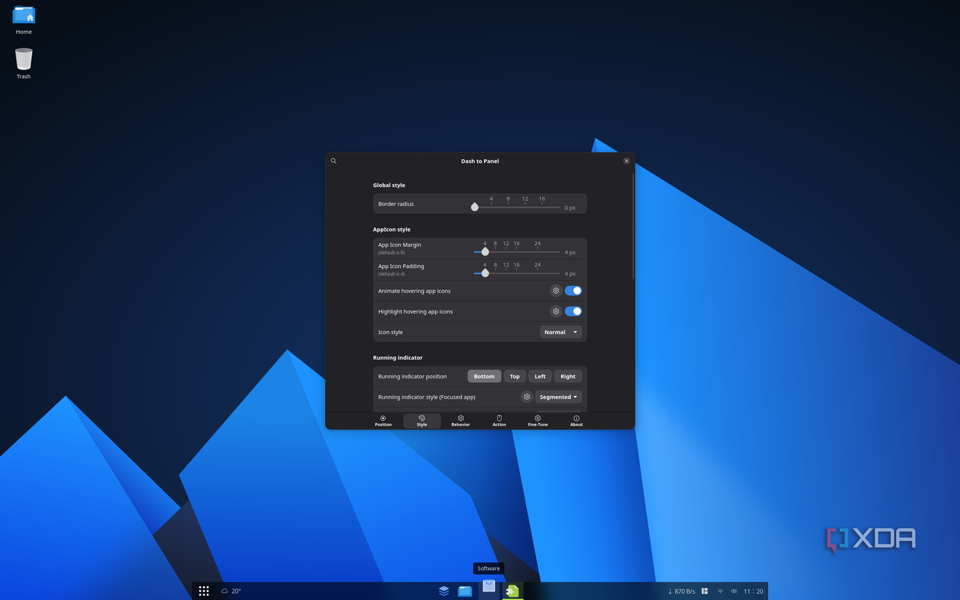 Screenshot of AnduinOS taskbar settings showing style settings with animations enabled on hover