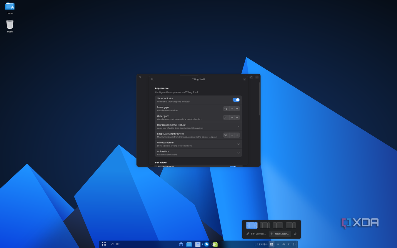 Screenshot of the Tiling Shell extension and its settings on AnduinOS