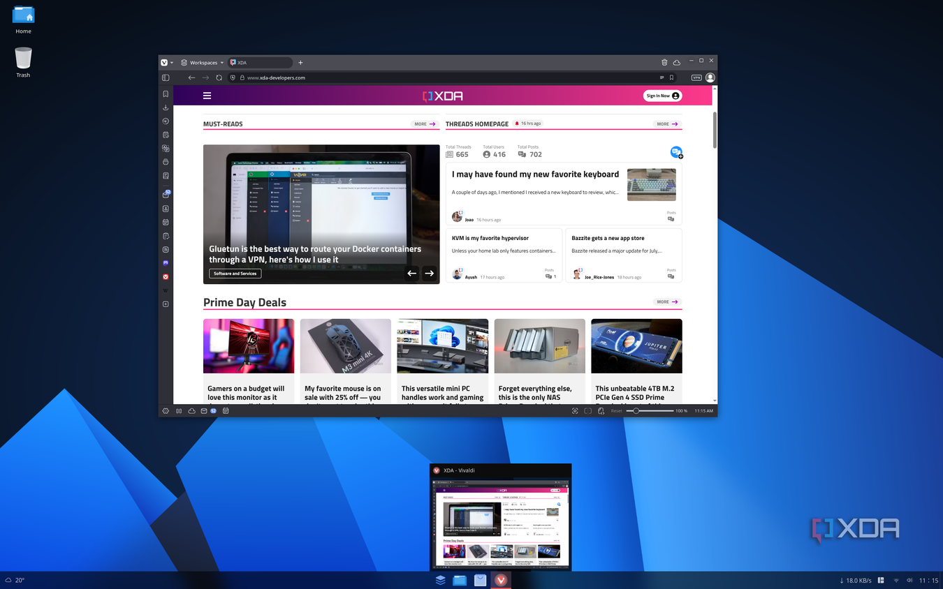 Screenshot of AnduinOS running Vivaldi and showing a window preview above the taskbar when hovering over the Vivaldi icon