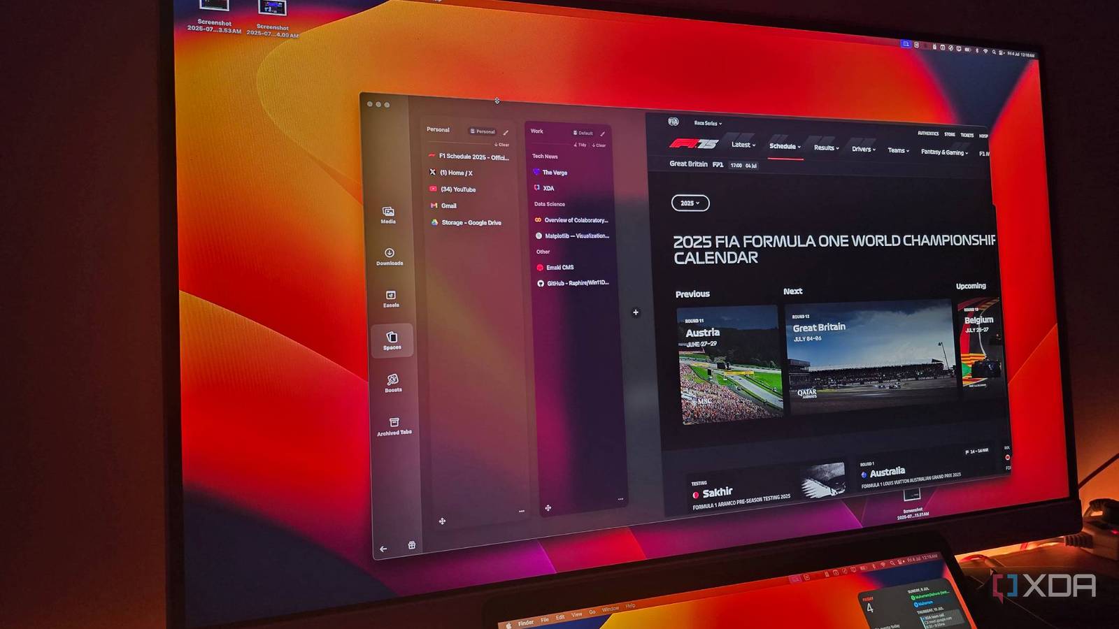 Arc browser open on a MacBook connected to a monitor with 2 different spaces available.