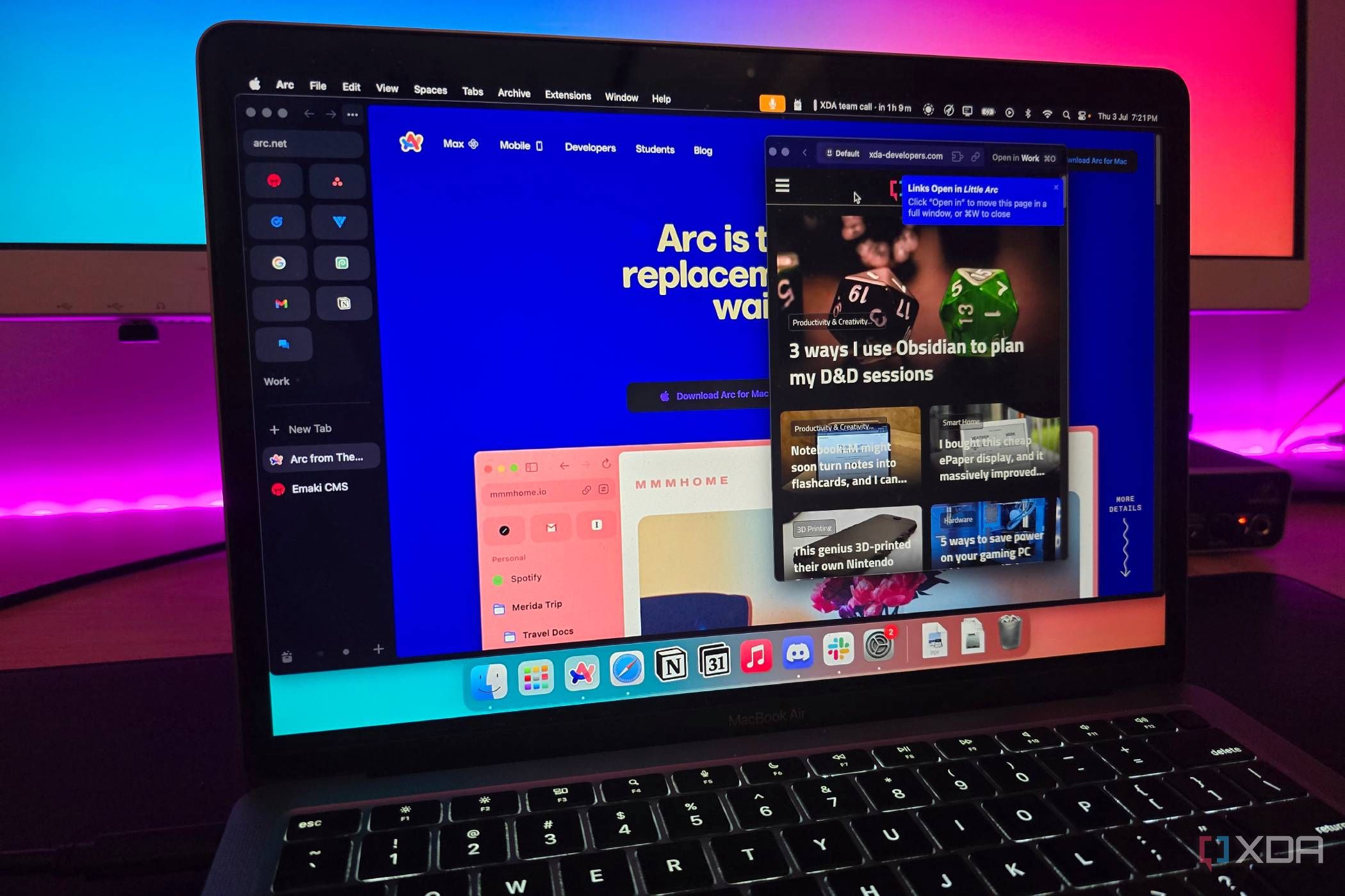 A MacBook with Arc Browser open and a smaller Little Arc window layered on top