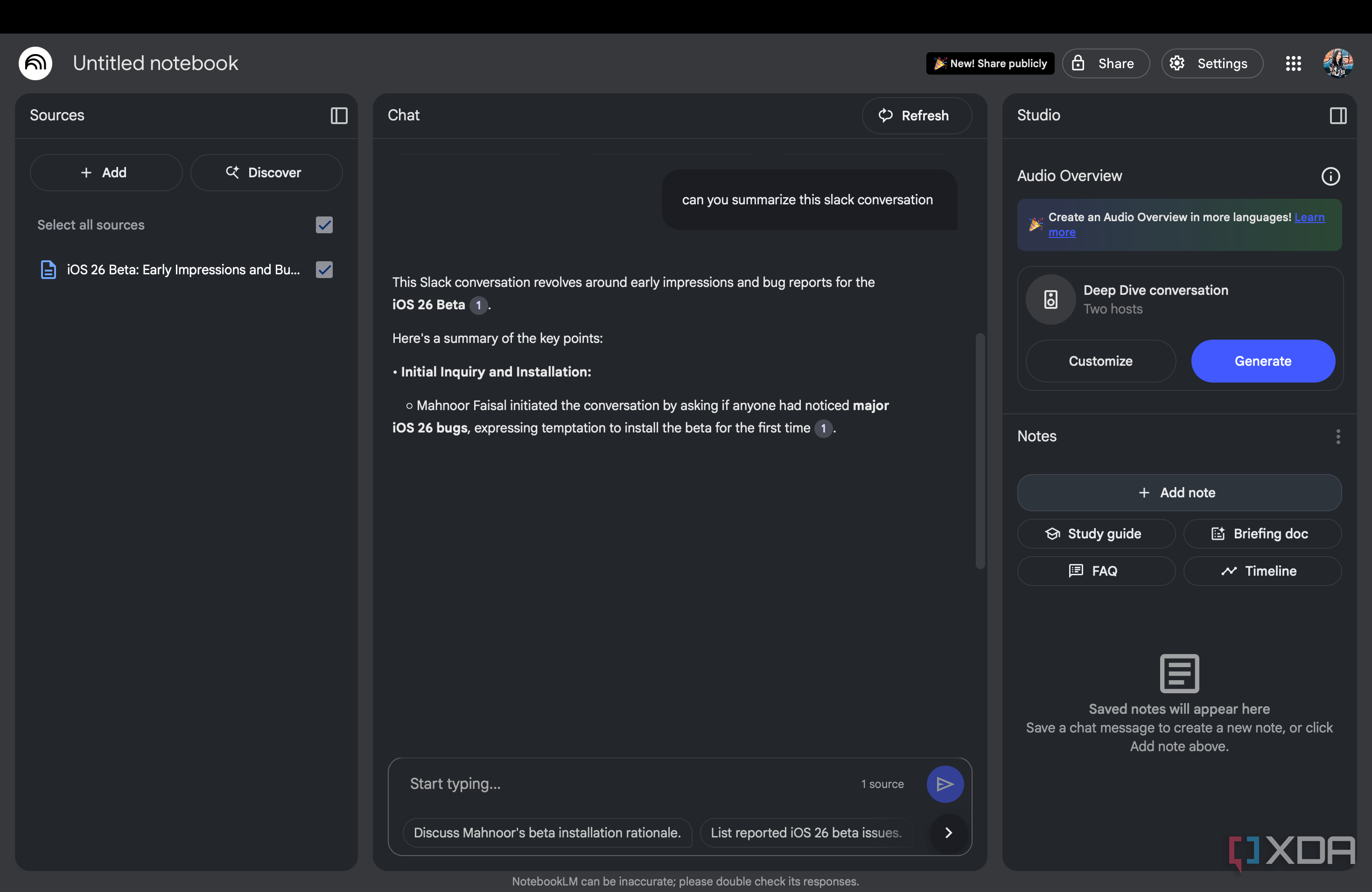 Asking NotebookLM questions about slack conversation