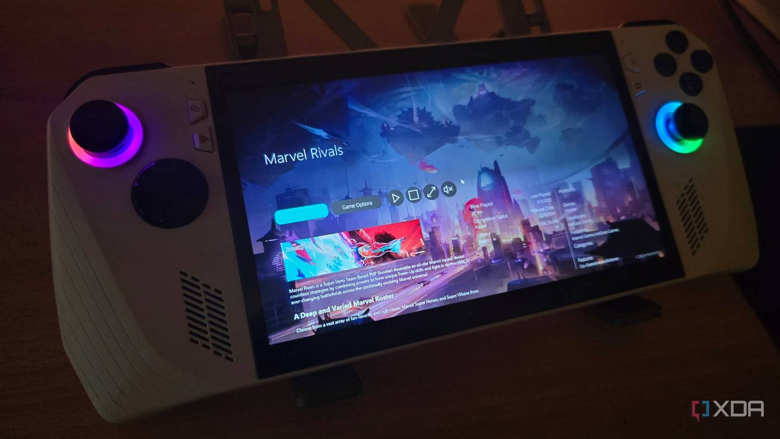 Asus ROG Ally running Playnite with the Marvel Rivals page open