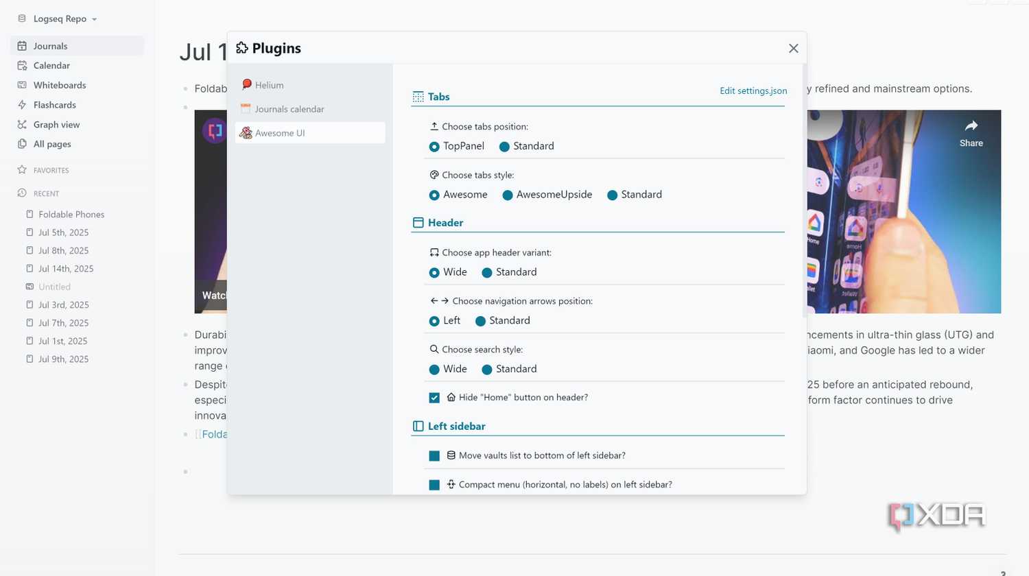 Awesome UI plugin settings in Logseq