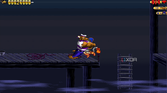 An enemy bearhugging Claw in the 1997 game Claw.