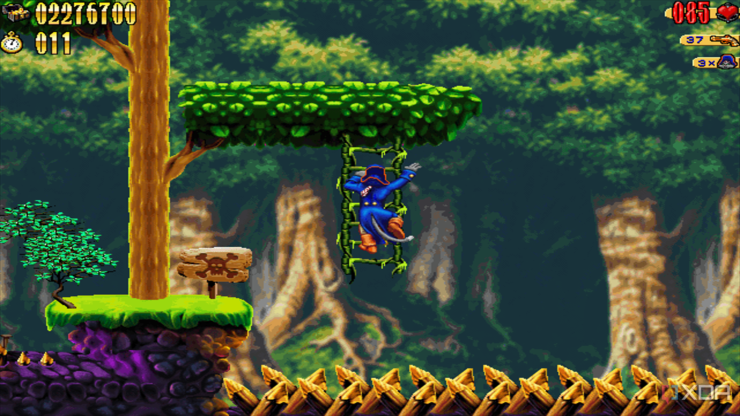 Claw climbing a ladder in the forest in the 1997 game Claw.