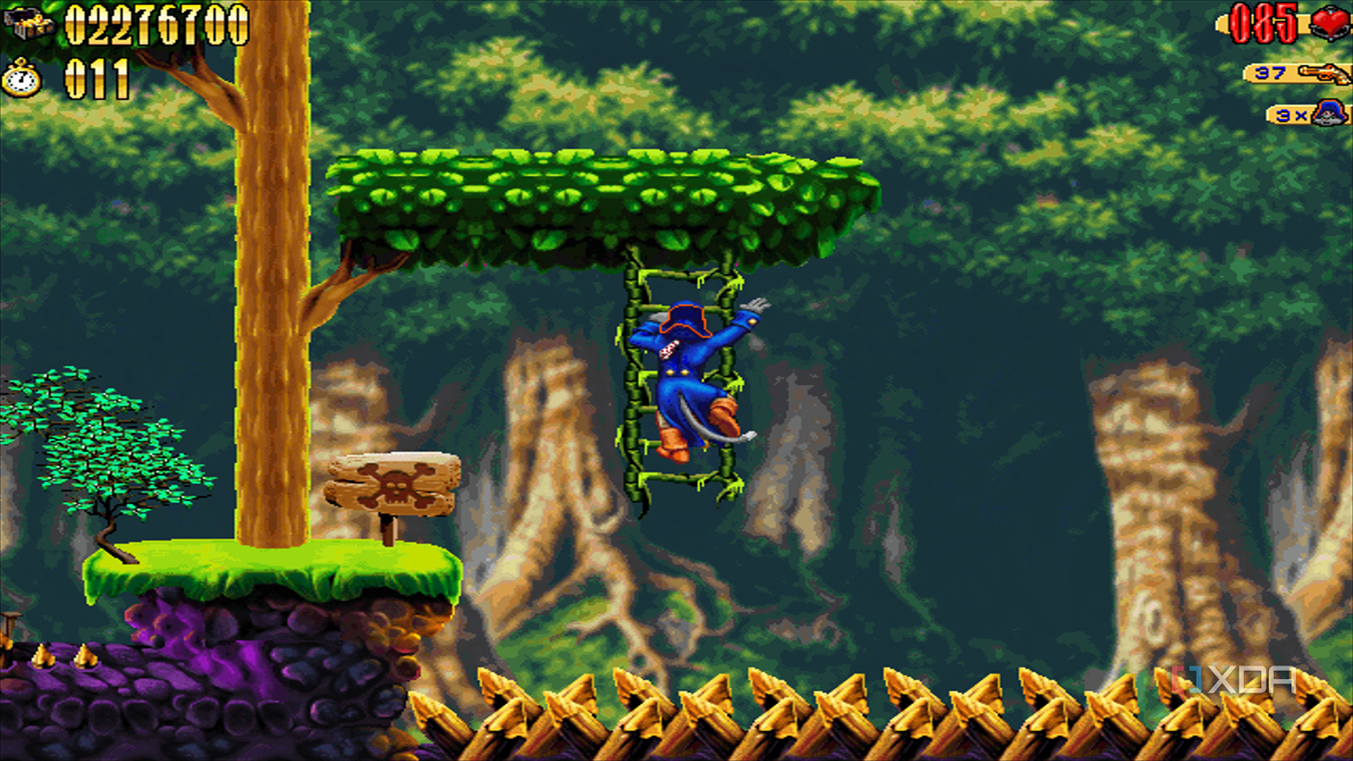 Claw climbing a ladder in the forest in the 1997 game Claw.