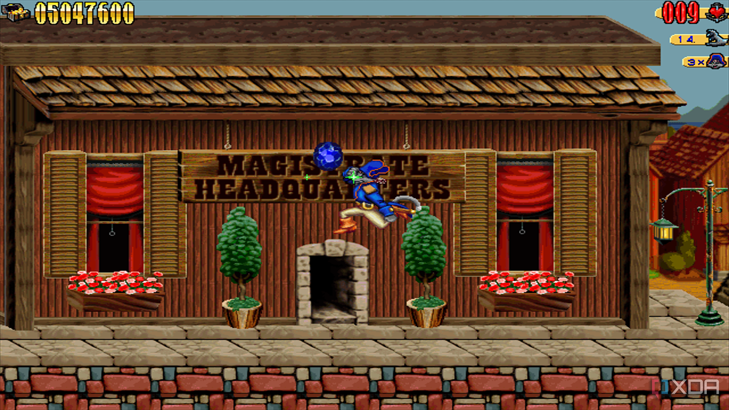 Captain Claw collecting a blue gem in the 1997 game Claw.