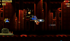 Captain Claw jumping into a teleporter in the 1997 game Claw.