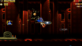 Captain Claw jumping into a teleporter in the 1997 game Claw.