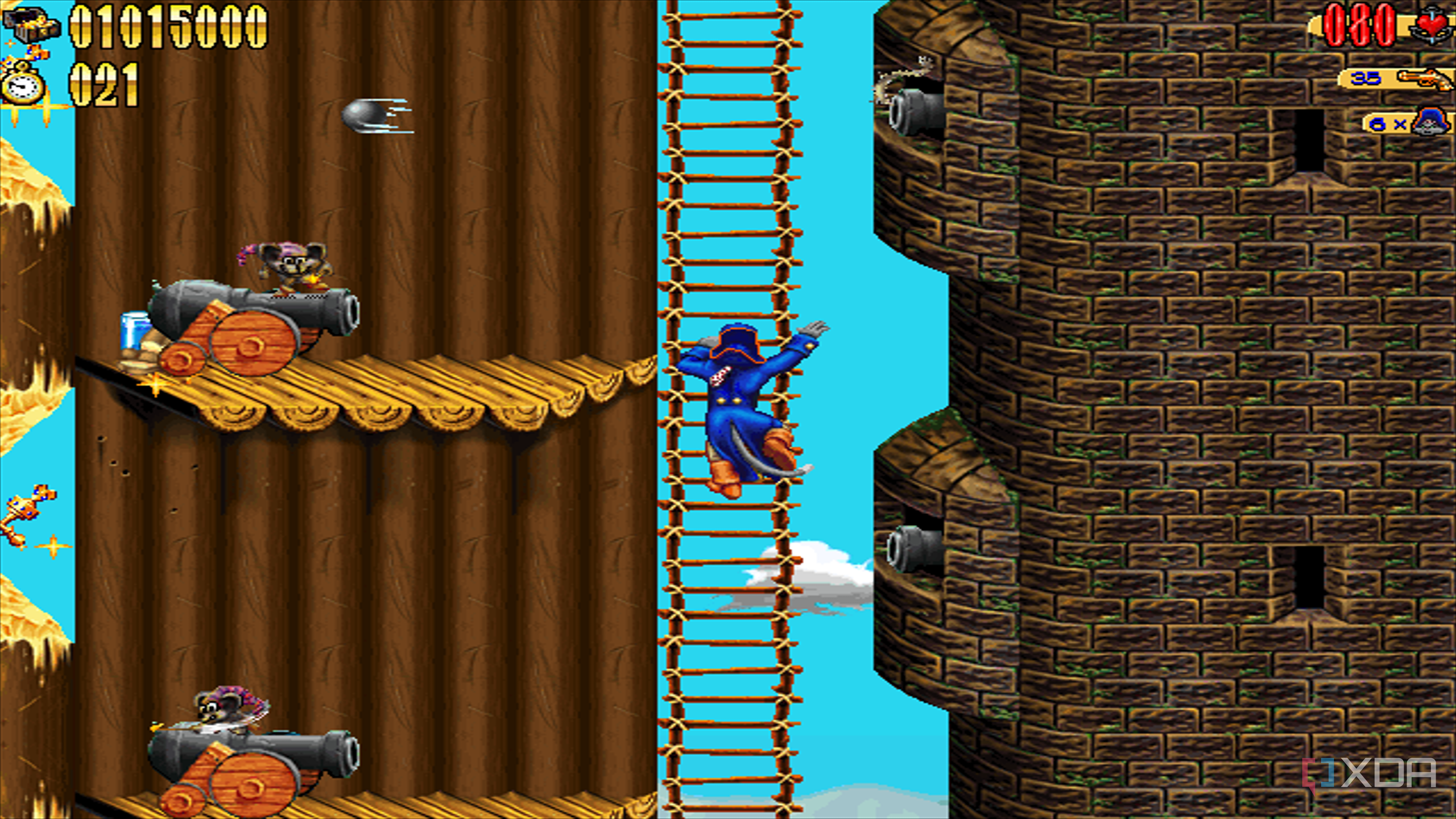 Claw climbing a long ladder and avoiding cannons in the 1997 game Claw.