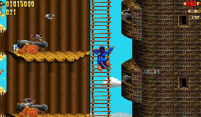 Claw climbing a long ladder and avoiding cannons in the 1997 game Claw.