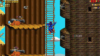 Claw climbing a long ladder and avoiding cannons in the 1997 game Claw.