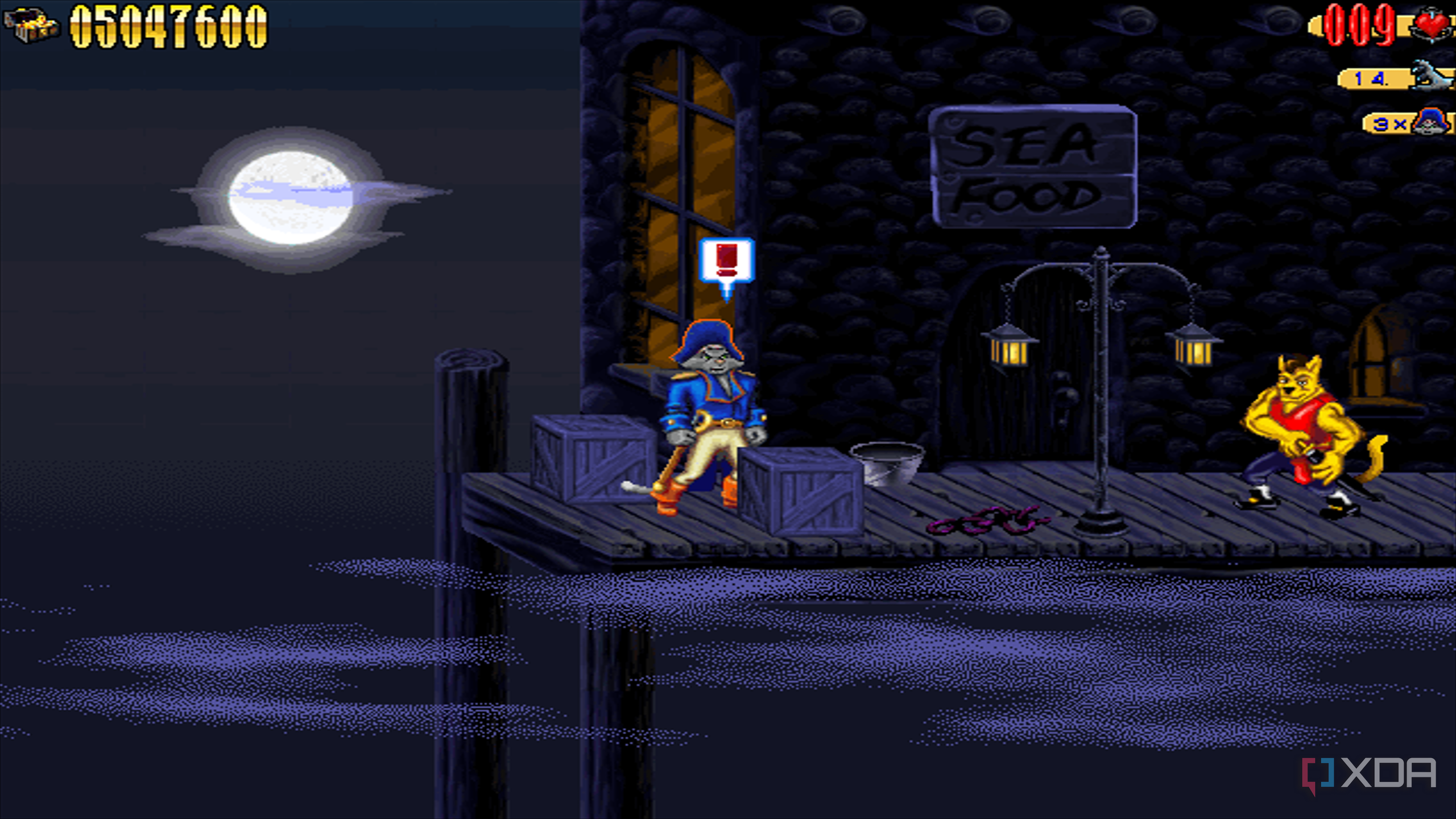 Captain Claw outside a tavern in the 1997 game Claw.