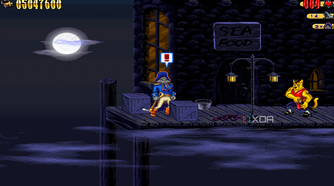 Captain Claw outside a tavern in the 1997 game Claw.