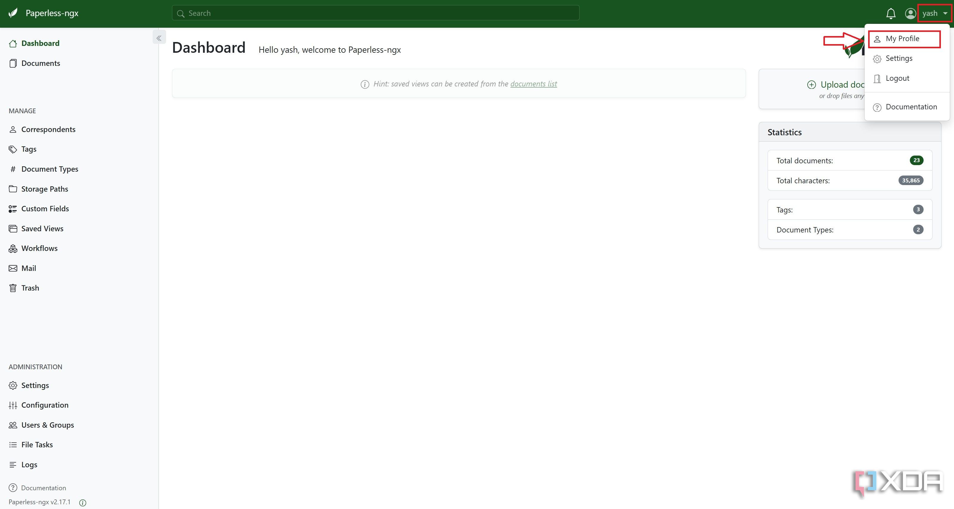 Click on my profile on Paperless-ngx