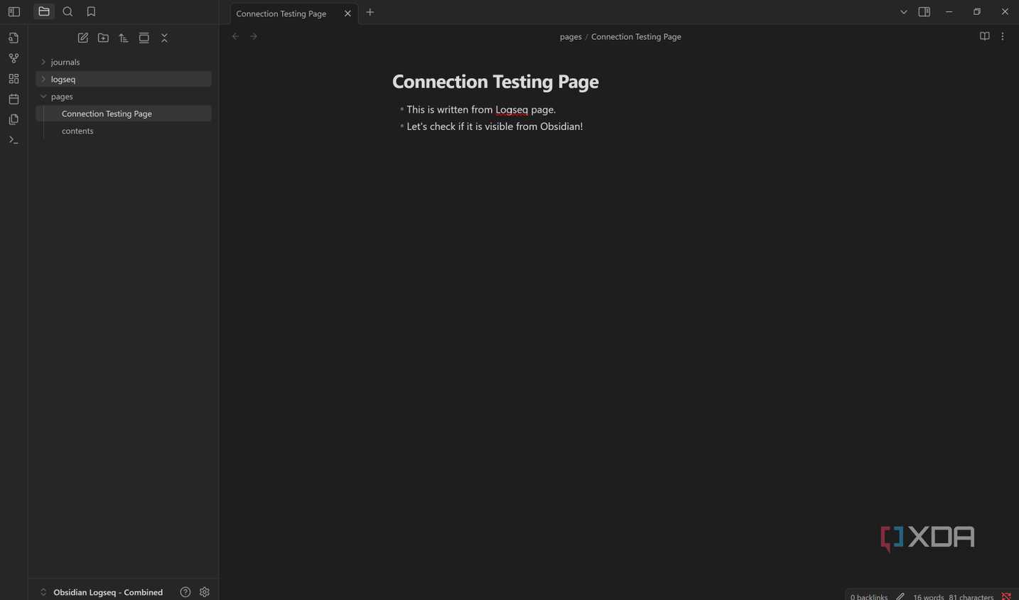Connection testing page in Obsidian
