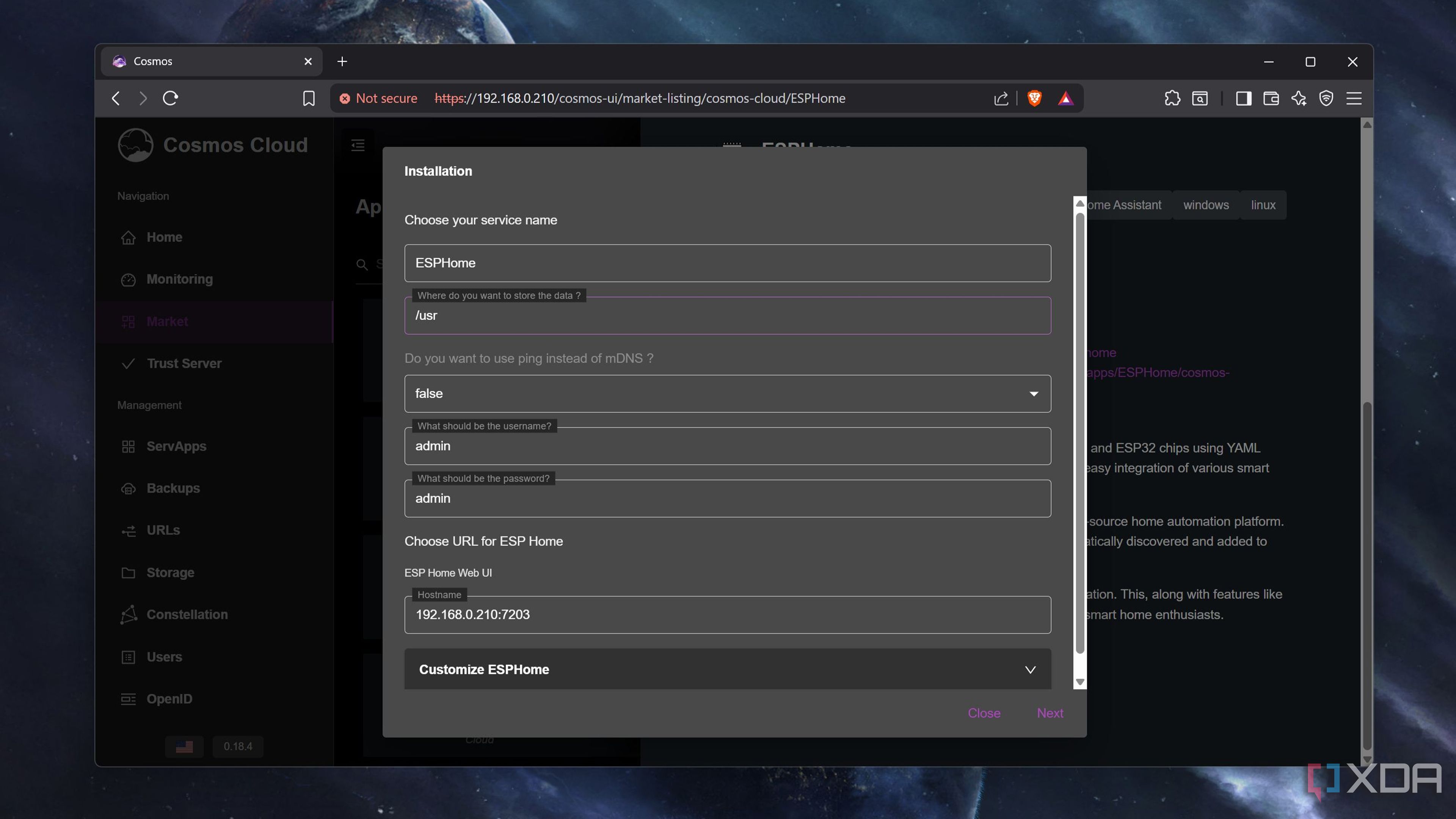 Installing ESPHome on Cosmos