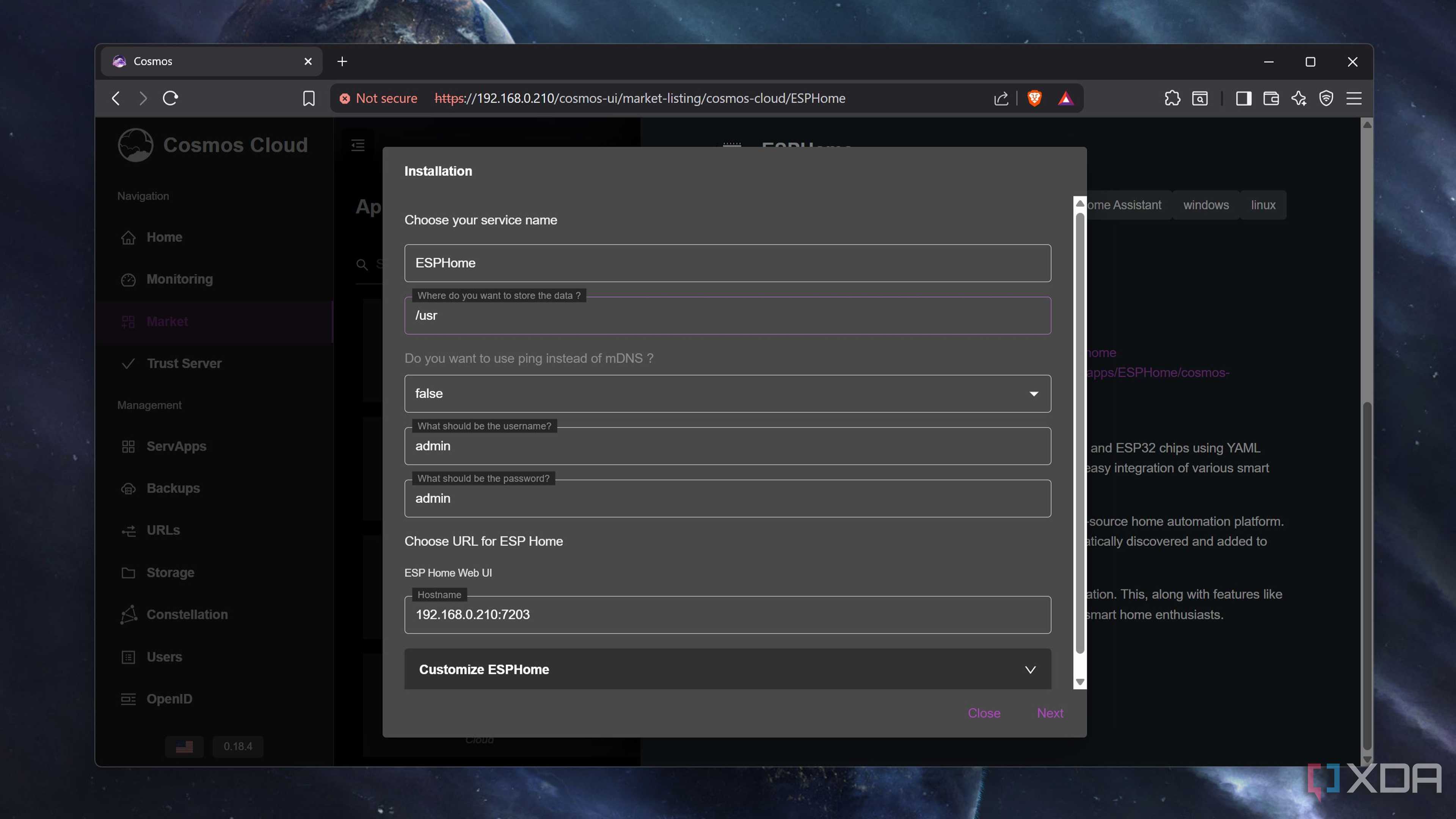 Installing ESPHome on Cosmos