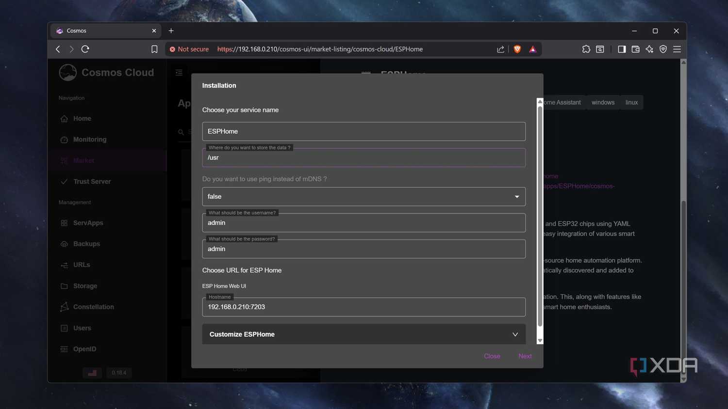 Installing ESPHome on Cosmos