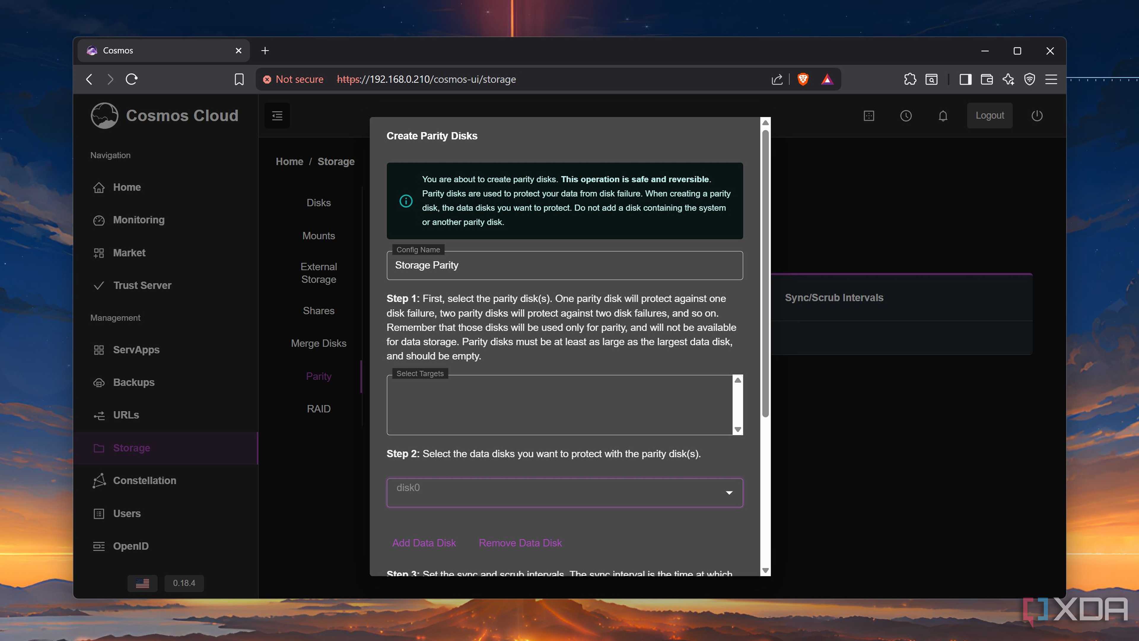 Creating a parity disk on Cosmos