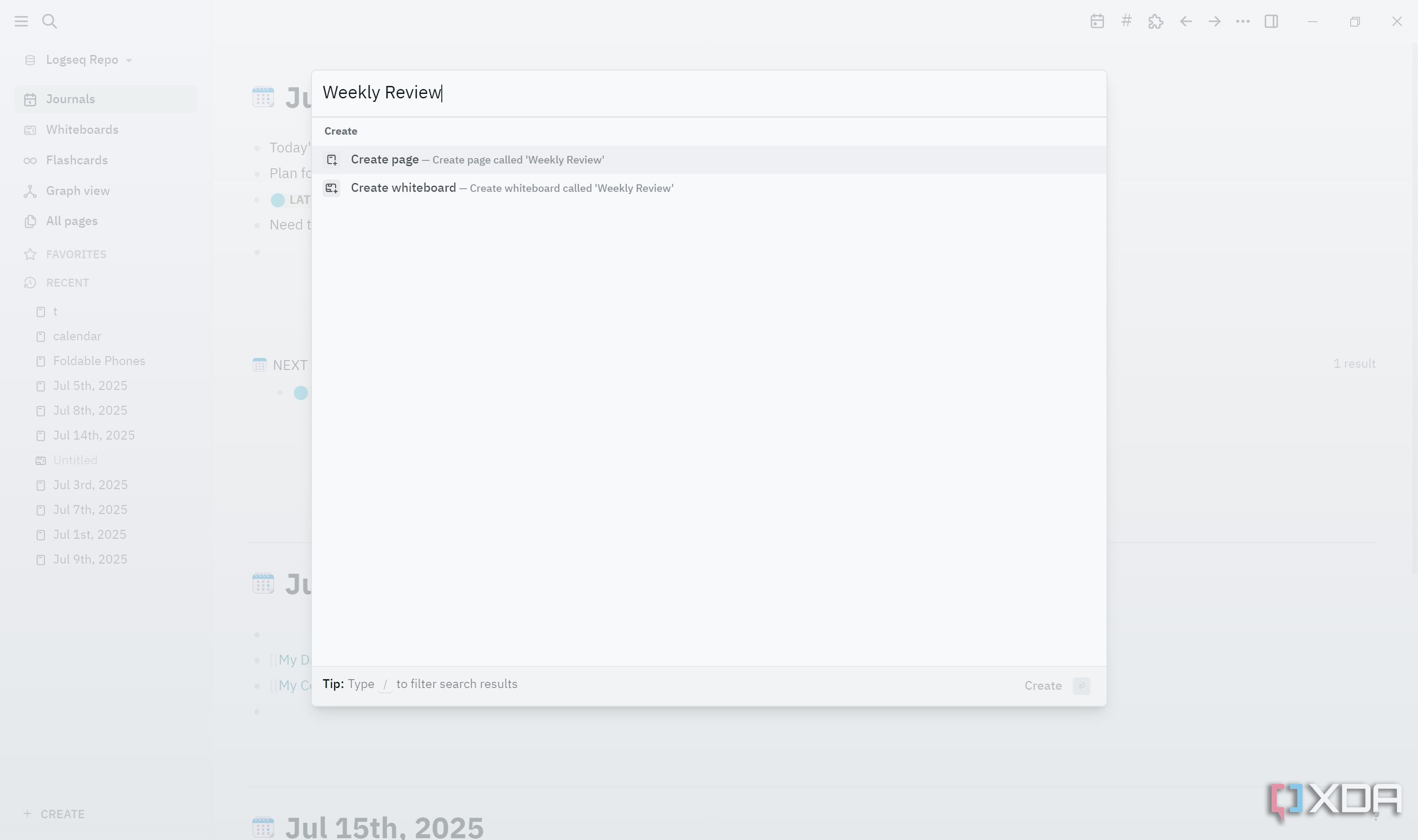 Create Weekly Review Page in Logseq for template