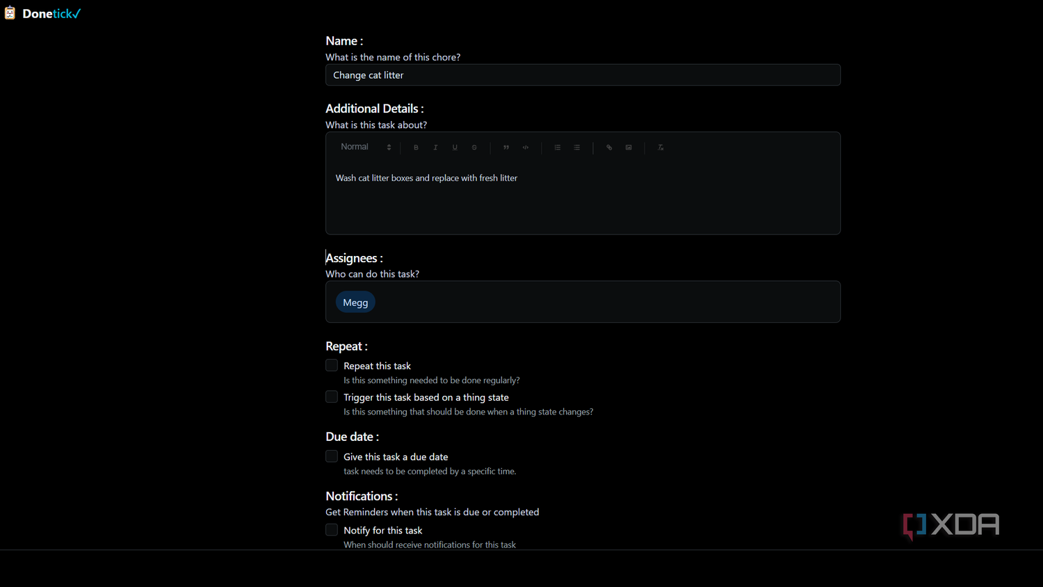 creating a new task in donetick