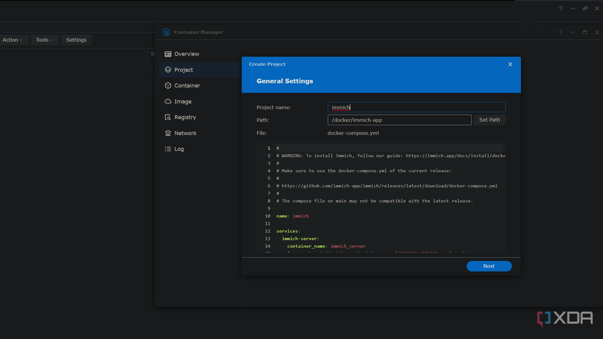 creating immich project in synology container manager