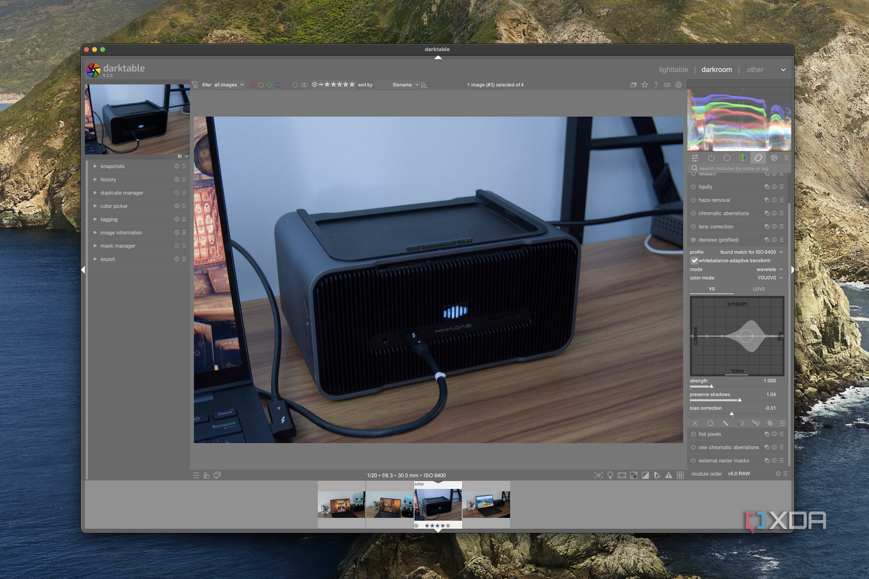 Screenshot of Darktable on macOS showing noise reduction options