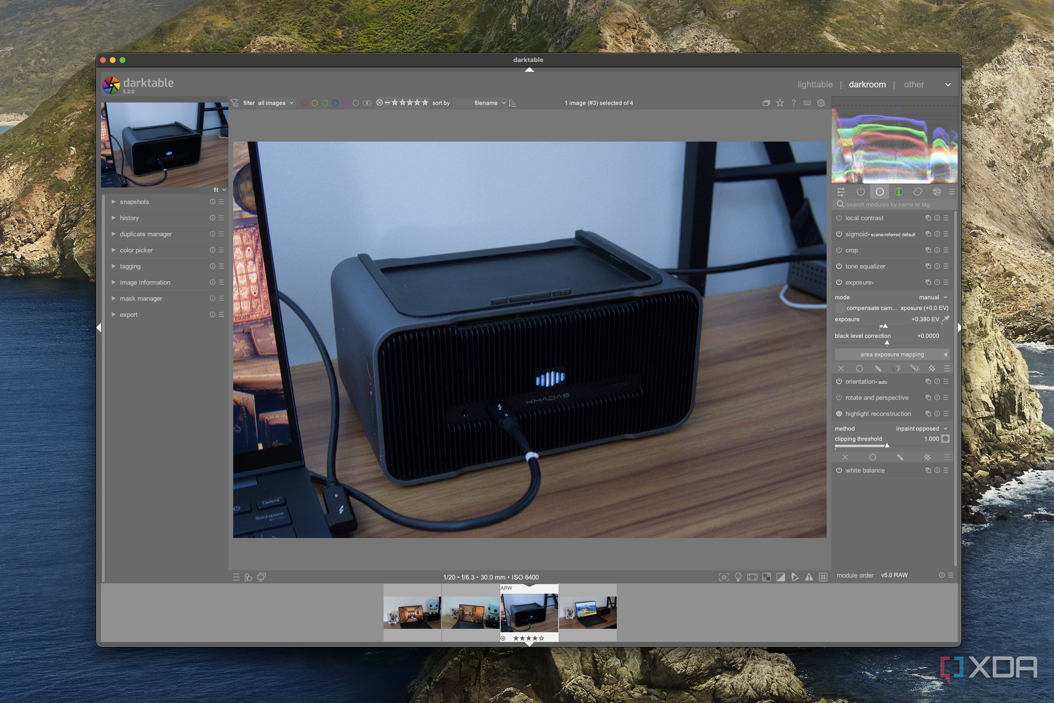 Screenshot of Darktable on macOS showing exposure and other light adjustments