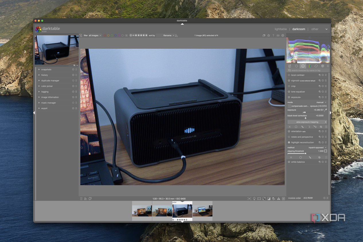 Screenshot of Darktable on macOS showing exposure and other light adjustments