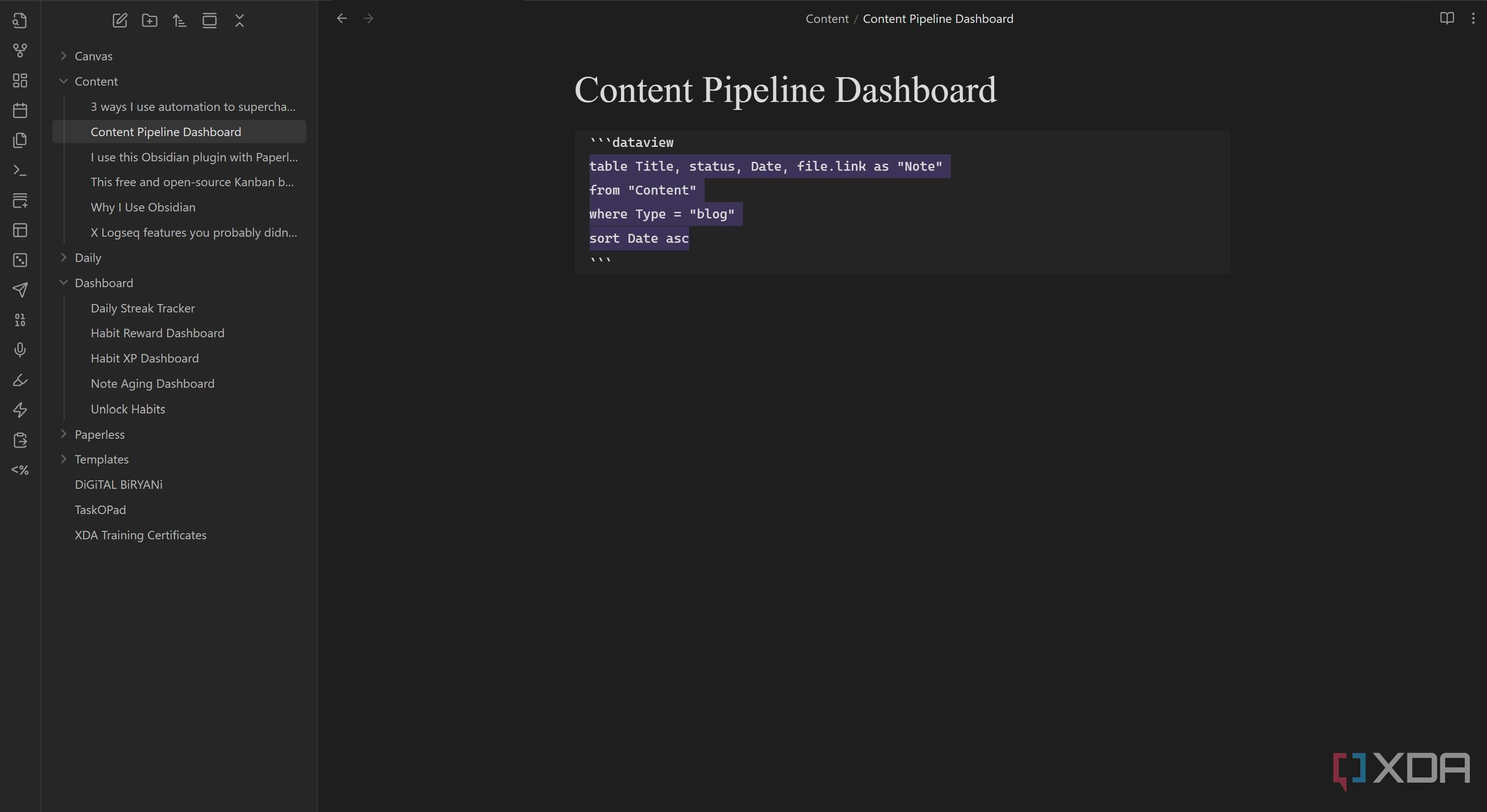 Dataview query in content pipeline dashboard