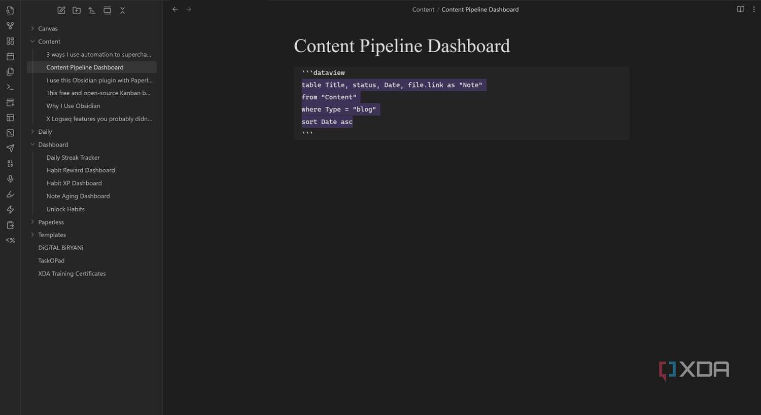 Dataview query in content pipeline dashboard